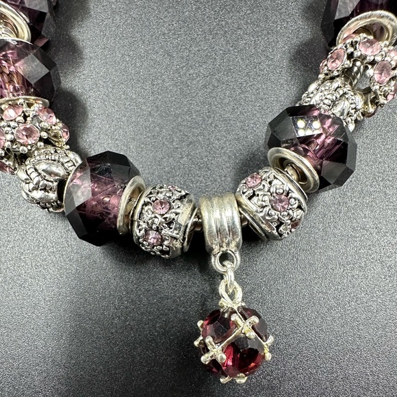 Slider Charm Bracelet Deep Purple and Silver Ornate and Faceted Beads - Picture 2 of 3